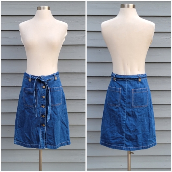LOFT Belt Tie Denim Front Buttons Skirt Blue Indigo Patch Pockets Boho Western 4 - Picture 2 of 9